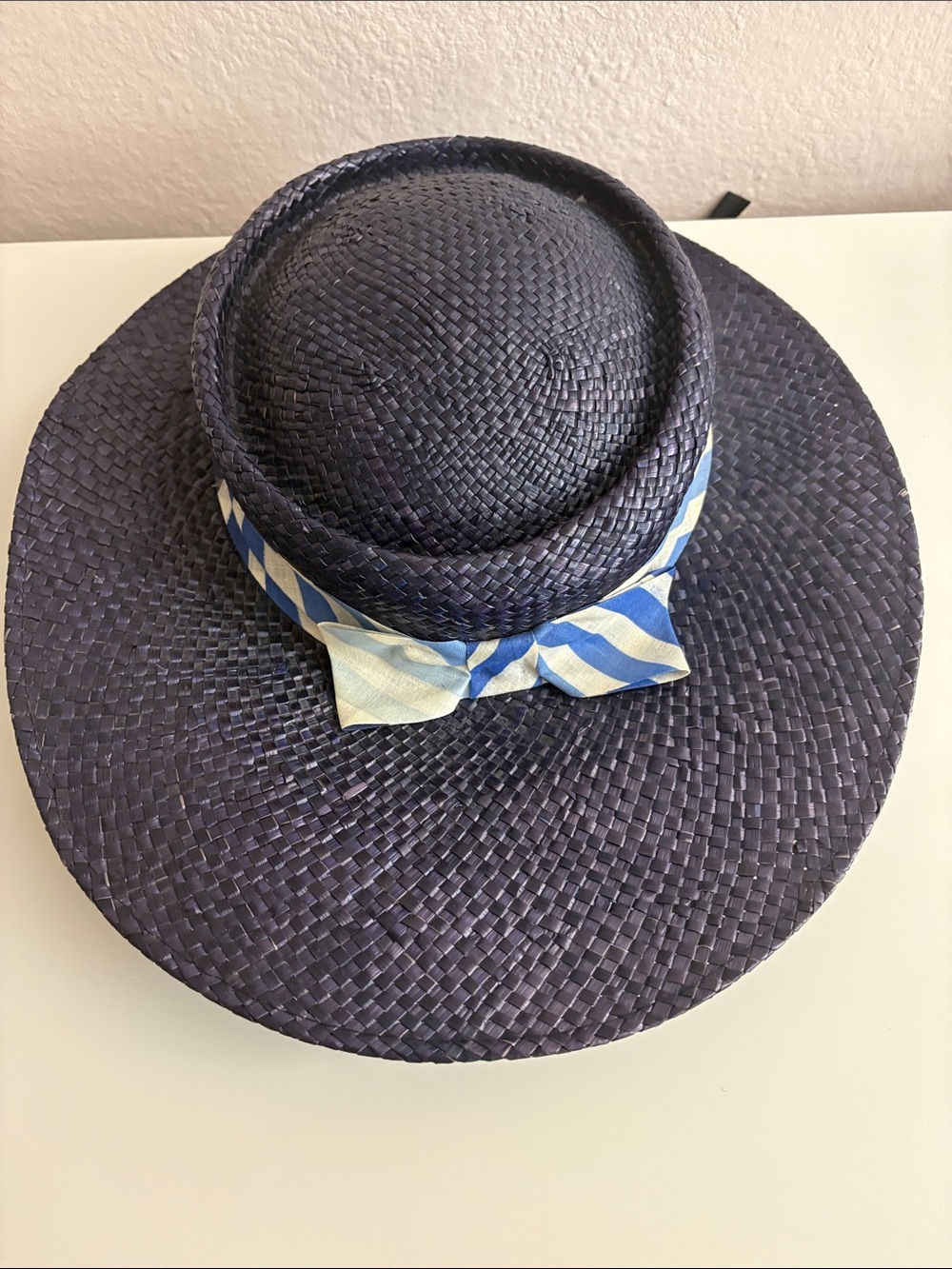 Women Navy Straw Sun Hat with Blue-White Band